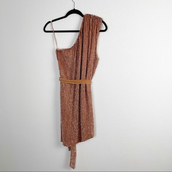 Retrofete Ella Sequin One Shoulder Mini Dress in Bronze Gold Metallic Cocktail - Picture 4 of 9